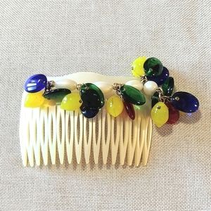 Vintage 80s Hair Accessory Comb Glass Beads Gold Chain Red Blue Yellow